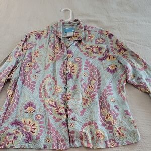 Nick & Nora Paisley Silk Pajamas Shirt - Pink and Green Sz XXL